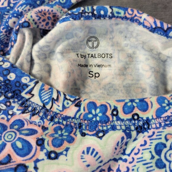 Talbots Womens Paisley Print Top Sp Blue Pink White Boho Tee Active Twisted Back - Picture 2 of 10